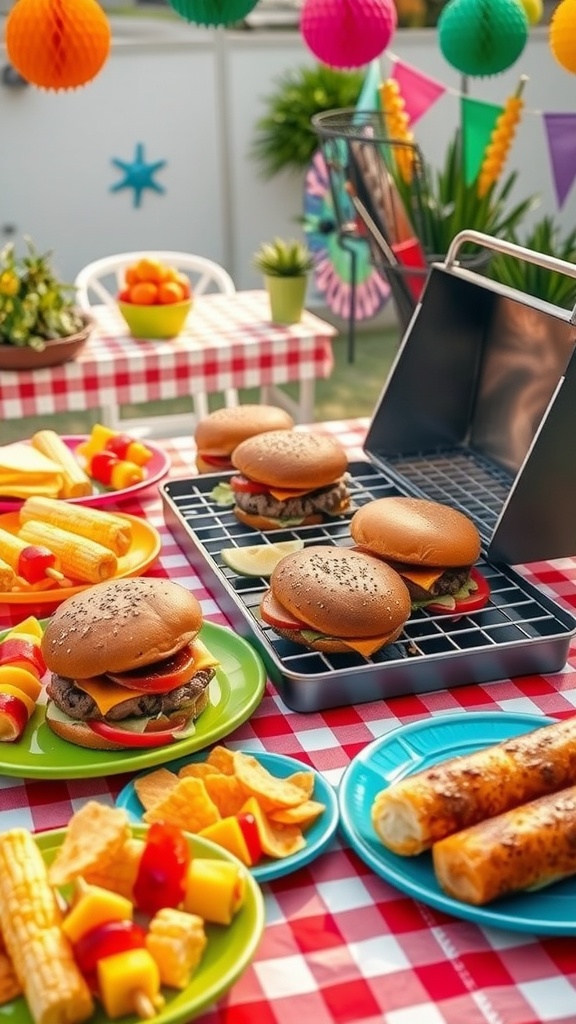 A nostalgic 90s barbecue spread with burgers, hot dogs, corn, chips, and fruit skewers on a picnic table.